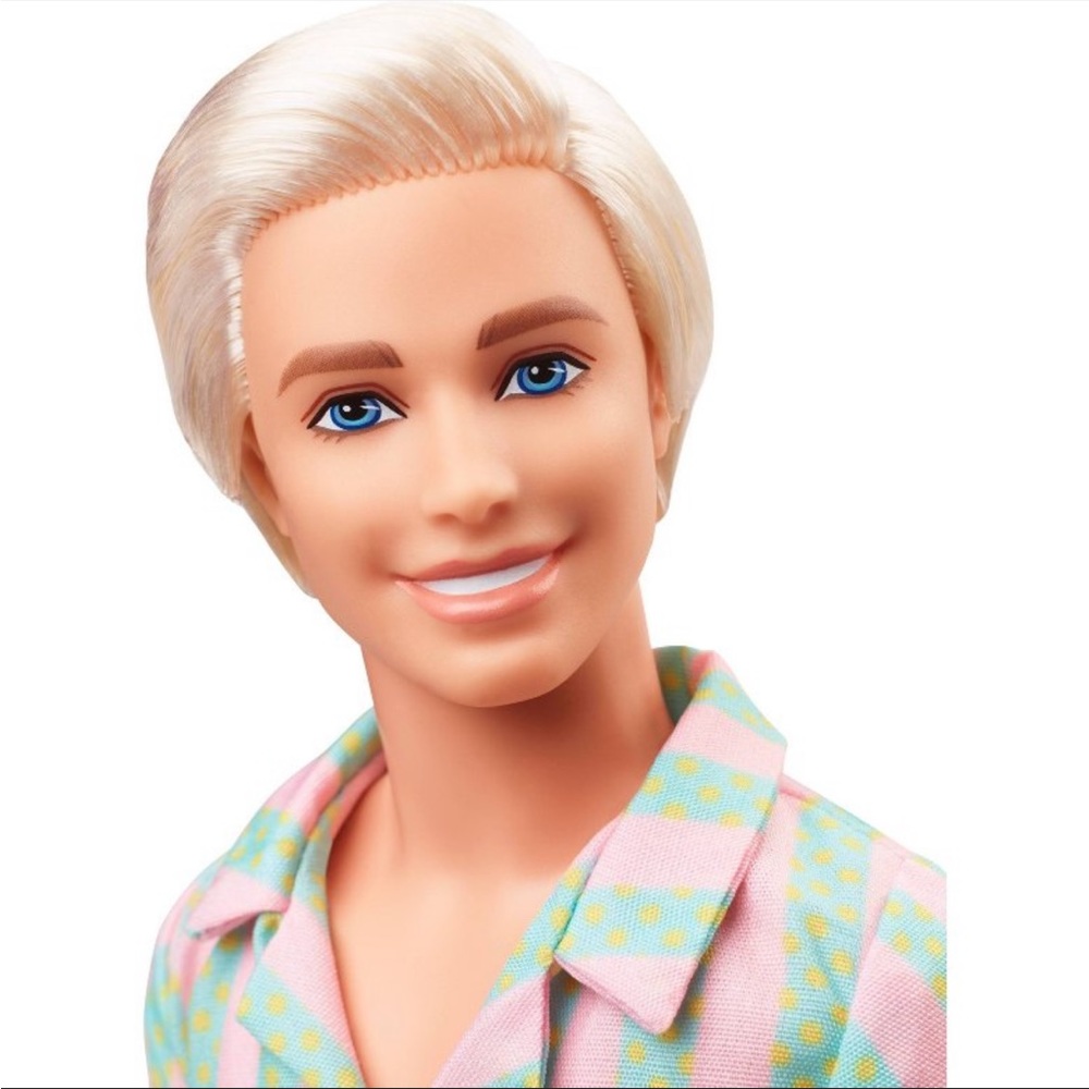 Barbie the Movie Ken Doll Wearing Pastel Striped Beach Matching Set Surfer Ken - Picture 2 of 5